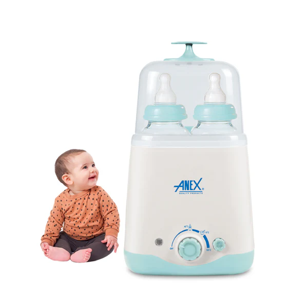 The Anex AG-733EX Deluxe Baby Bottle Warmer and Sterilizer, showcasing its sleek design with two bottles in place and a smiling baby nearby, demonstrating its convenience and ease of use.