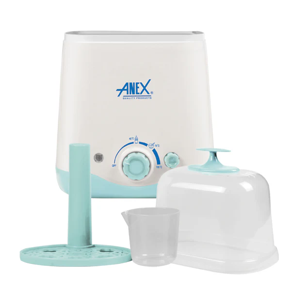 The Anex AG-733EX Deluxe Bottle Warmer and Sterilizer with all its components – the bottle holder, measuring cup, and protective lid, showcasing its practical and space-saving design.