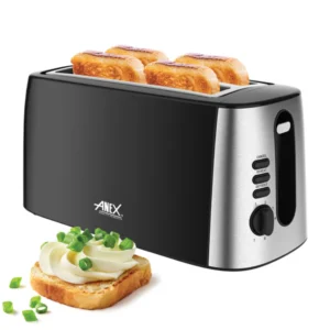 Anex AG-3007 4-Slice Toaster with stainless steel decoration, wide slots, and toasted bread inside.
