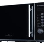 Angled side view of Dawlance Microwave Oven DW-295 highlighting its durable chrome handle and compact design.