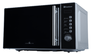 Angled side view of Dawlance Microwave Oven DW-295 highlighting its durable chrome handle and compact design.