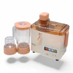 Side view of the GB National Juicer Blender Grinder 3-in-1, showing its transparent juicer cover, sturdy base, and easy-to-use controls.