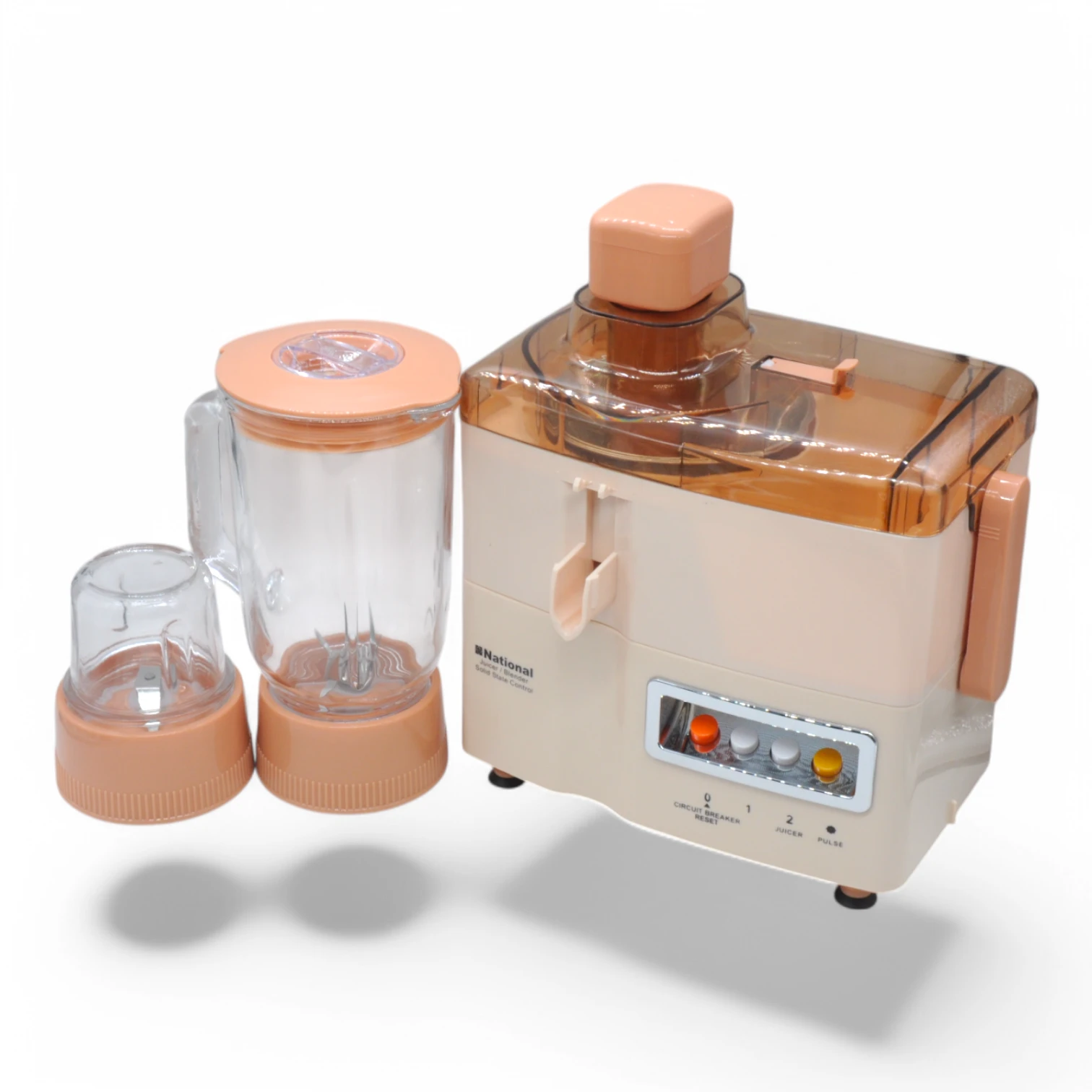 Side view of the GB National Juicer Blender Grinder 3-in-1, showing its transparent juicer cover, sturdy base, and easy-to-use controls.