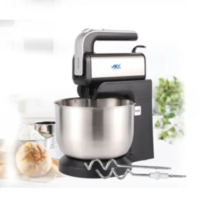 Anex AG-822 Bowl Beater with stainless steel rotating bowl and dual dough hooks, ideal for egg beating and kneading in Pakistani kitchens.